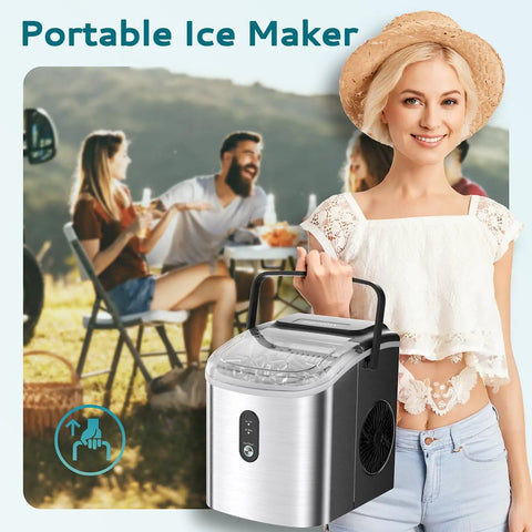 Woman holding Beast Portable Ice Maker For Home Kitchen Camping And RV With Carry Handle in outdoor picnic setting