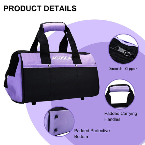 Purple Tool Bag With Wide Mouth Opening And 12 Storage Pockets, 13 Inch Tool Organizer, features padded handles and smooth zipper.