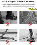 Half Round Aluminum Cable Concealer With Self Adhesive Backing For A Slick Floor Cord Management Solution For Home Kitchen And Appliances Hide Cords On Floor 79 Inch Long By 2 Inch Wide 15 Pack, showing unsafe cord scenarios including tripping and wire damage.