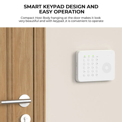 Lock Down Your Spot With This Straightforward Wireless Home Alarm System Featuring Twenty Expandable Door Sensors And Sharp PIR Motion Detectors That Send Slick GSM Alerts Through The Tuya App While Playing Nice With Alexa For Rugged Protection. Smart keypad design on wall with sleek white finish and easy operation near wooden door.