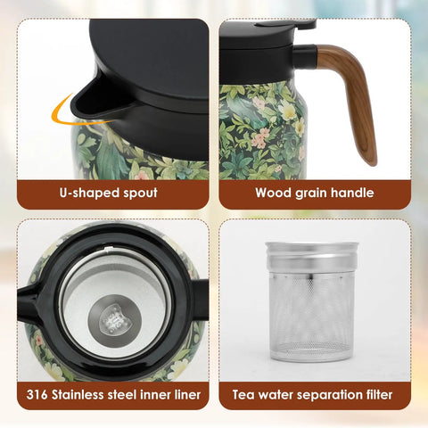 Large Capacity 1000ml Thermal Coffee Carafe And Insulated Tea Pot Stainless Steel Leak-Proof Water Pitcher Keeps Your Brew Hot And Fresh On The Go Green, featuring wood grain handle and U-shaped spout.
