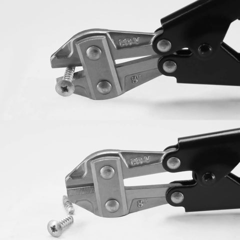 Built Tough And Ridiculously Handy 8 Inch Chrome Vanadium Wire Bolt Cutter With Hella Comfortable Ergonomic Handles and Razor Sharp Blades cutting a screw.