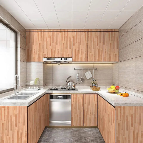 Peel And Stick Faux Wood Wallpaper For Counters And Cabinets Waterproof Vinyl Wood Plank Cover Self Adhesive in modern kitchen