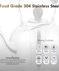 Close-up of Stovetop 2 Quart Tea Kettle With Whistle In 18/8 Stainless Steel, showing mirror finish and easy pour spout.