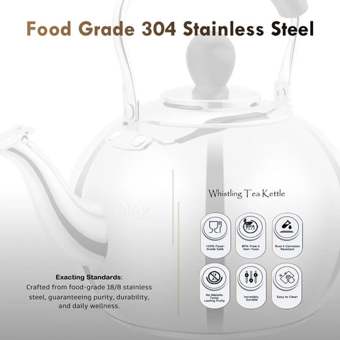 Close-up of Stovetop 2 Quart Tea Kettle With Whistle In 18/8 Stainless Steel, showing mirror finish and easy pour spout.