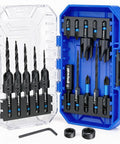 Professional 18 Piece Countersink Drill Bit Set Featuring M2 High Speed Steel Tapered Bits displayed in case with various drill bit sizes.