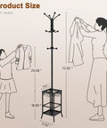 Freestanding Coat Rack With Umbrella Holder, Metal Coat Tree With 12 Hooks, Standing Hanger Stand with dimensions illustration