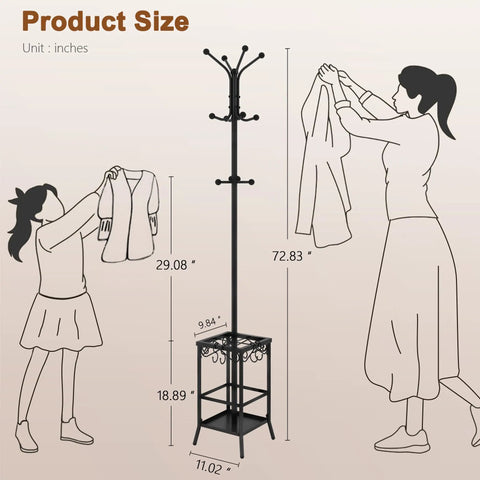 Freestanding Coat Rack With Umbrella Holder, Metal Coat Tree With 12 Hooks, Standing Hanger Stand with dimensions illustration