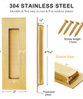 6 Inch Recessed Finger Pulls For Pocket Doors And Sliding Doors, Brushed Gold Stainless Steel Hardware, dimensions and screws displayed