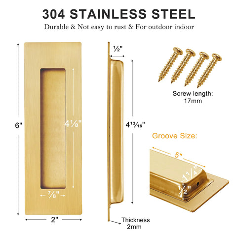 6 Inch Recessed Finger Pulls For Pocket Doors And Sliding Doors, Brushed Gold Stainless Steel Hardware, dimensions and screws displayed
