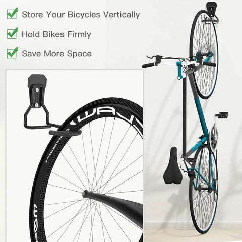 Heavy Duty Bike Wall Mount With Fixed Hook 2 Pack Iron Bike Hanger Brackets For Garage Vertical Storage Rack To Easily Hang And Detach Screws Included Sturdy Wall Mounting System For Secure Bike Storage, installed with bicycle vertically on wall.