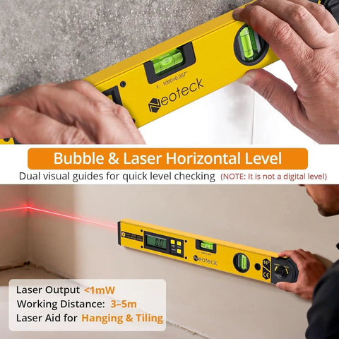 Top Shelf Heavy Duty Aluminum Digital Angle Finder With Integrated Laser Projection And Hella Precise Protractor Gauge For Dead On Bench Measurements And Diy Builds shown on wall for precise level checking.
