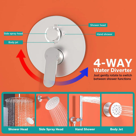 4-way water diverter for Enga Dual Head Shower System with detailed switch for shower functions in brushed nickel finish.