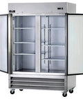 Built Different Commercial Two Door Reach In Freezer With Digital Thermostat And Thick Stainless Steel Shell Giving Forty Nine Cubic Feet Of Hustle Ready Cold Storage For Your Grind with open doors and shelves.