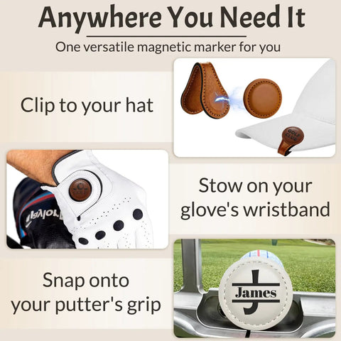 Custom Golf Ball Markers With Logo Text Laser Engraving Magnetic Leather Marker Set on hat, glove, and putter.