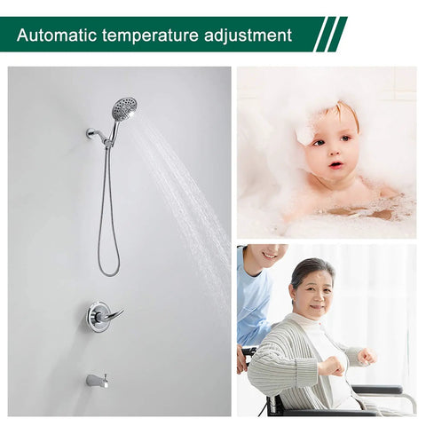 All In One Shower Faucet Set With Tub Spout And Chrome Trim Kit Pressure Balanced Valve Dual Function 5 Spray Touch Clean Handheld Shower