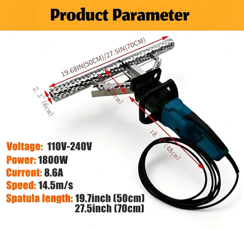 Professional Grade 1800W Spray Foam Planer Cuts Polyurethane Walls tight with dimensions and specifications displayed.