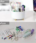 Before and after using Gold Desk Organizer Set With 360 Degree Rotating Pen Holder Acrylic Stapler Tape Holder Staple Remover Kit