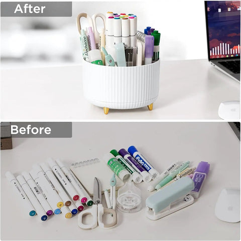 Before and after using Gold Desk Organizer Set With 360 Degree Rotating Pen Holder Acrylic Stapler Tape Holder Staple Remover Kit