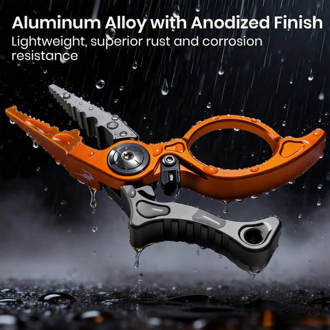 Micro Pocket Pliers With Zinger Retractor For Saltwater Fishing Aluminum Hook Remover in rain showcasing rust resistance