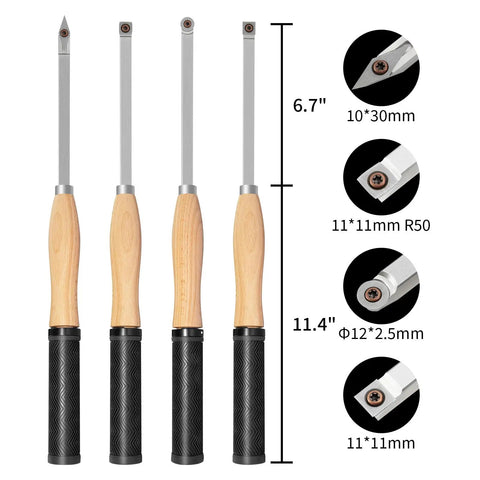 Top Shelf Carbide Wood Lathe Turning Tool Kit With Beefy Anti Slip Rubber Handles And Rust Proof Steel Cores, 4-piece set