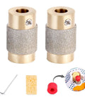 Front view of two 3/4 inch brass-core diamond grinder bits for stained-glass grinders; includes hex key and sponge.