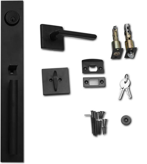 Beefy Full Escutcheon Front Door Handle Set With Deadbolt Lock, Slim Square Single Cylinder Lever, Iron Black Finish components