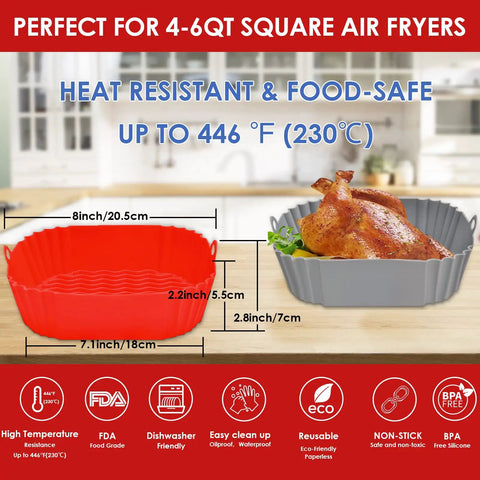 Square Red Silicone Air Fryer Liners 8 Inch Fits 4 To 6 Qt Reusable Nonstick Heat Resistant Up To 464F Dishwasher Safe Easy Cleanup