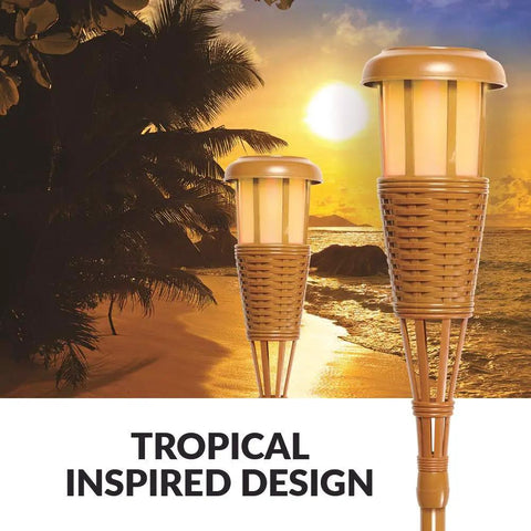 Solar Island Torch LED Flickering Flame Lights, Waterproof Outdoor Landscape Lighting With Bamboo Finish, 8 Pack, sunset view