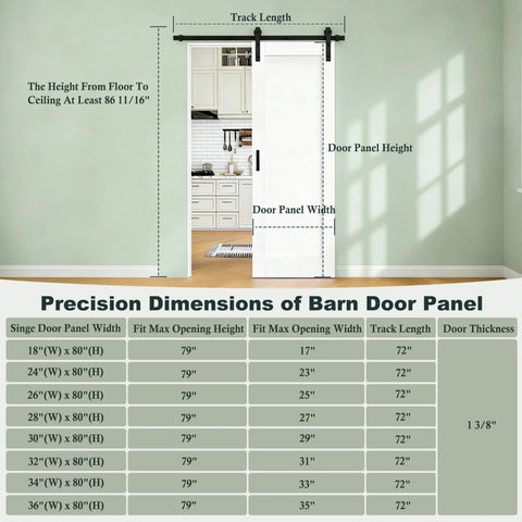Diagram of 28 Inch By 80 Inch Preassembled Solid Core MDF Sliding Barn Door Kit With 72 Inch Track And Black Hardware, 1 Lite Mirror Panel For Closet, Bedroom, Kitchen Or Bathroom, Boosts Privacy, Soundproofing, Adds Modern, Slick Style, with dimension details.