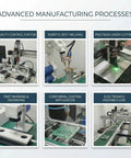 Advanced manufacturing processes showcasing robotic spot welding, laser cutting, quality control, and electronics assembly.