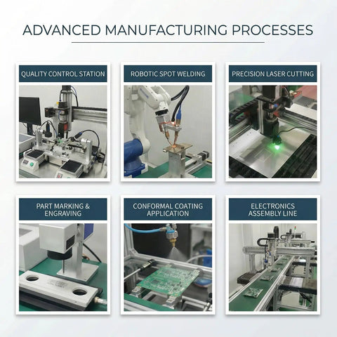 Advanced manufacturing processes showcasing robotic spot welding, laser cutting, quality control, and electronics assembly.