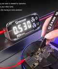Detective 3.0 3D Meter Multimeter with triple display in use on PCB, ultra precise digital tester with gold plated sharp needle.