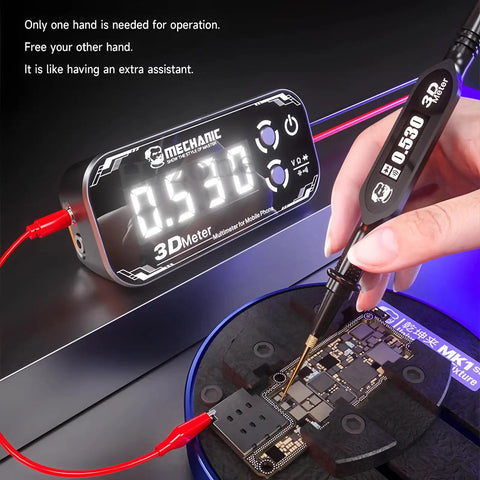 Detective 3.0 3D Meter Multimeter with triple display in use on PCB, ultra precise digital tester with gold plated sharp needle.