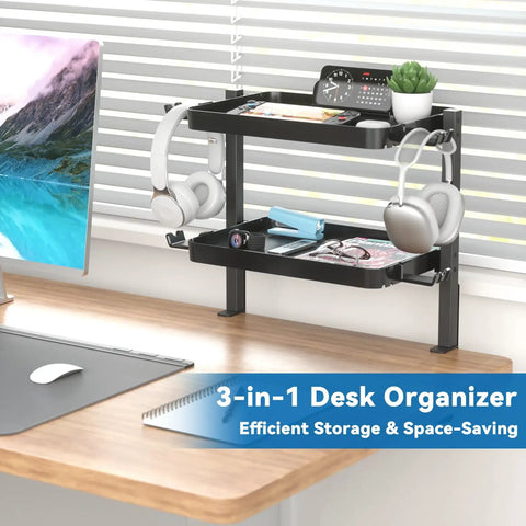 Clamp On Desk Organizer 2 Tier Above Or Under Desk Shelves With Large Capacity Tray Space Saving Phone And Tablet Holder And Headphone Hook No Drilling Desktop Storage For Office And Home on a desk with headphones and stationary.