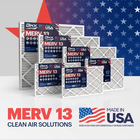 18x24x1 MERV 13 Electrostatic Pleated Air Filter 4 Pack for HVAC AC Furnace Made in USA shown with USA flag backdrop