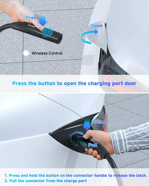Charging a Tesla with the Tesla Level 2 EV Charger For Home, 40A Fast 9.6kW Charging Station and NEMA 14 50 Plug.