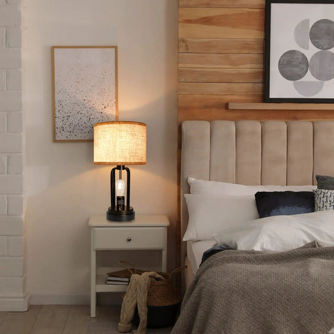 Industrial Farmhouse Table Lamps Duo With Night Light And USB Charging on bedroom nightstand, linen shade glowing