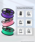 Purple, pink, and green PLA Plus spools for FDM 3D printers; compatible models displayed. Product: PLA Plus Filament 1.75mm Black 4Kg Beefy Rock Solid Toughness for Everyday 3D Printing, Dimensional Accuracy Plus Or Minus 0.02mm, Four 1Kg Spools, Fits Most FDM Printers.