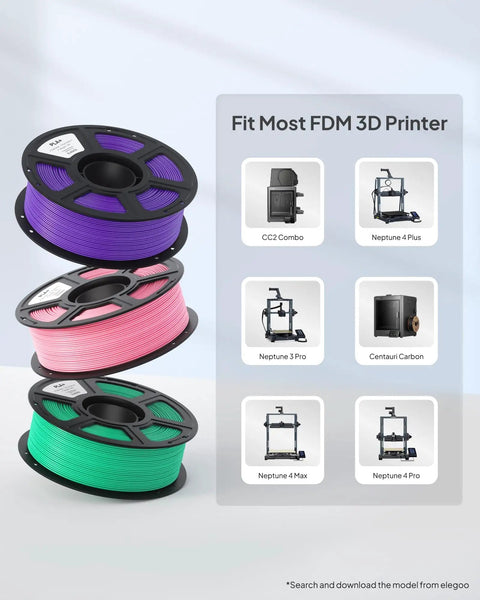 Purple, pink, and green PLA Plus spools for FDM 3D printers; compatible models displayed. Product: PLA Plus Filament 1.75mm Black 4Kg Beefy Rock Solid Toughness for Everyday 3D Printing, Dimensional Accuracy Plus Or Minus 0.02mm, Four 1Kg Spools, Fits Most FDM Printers.