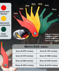 16Piece Drum Brake Tool Kit Pro Grade pad gauge with metric sizes, color-coded for brake pad condition, tool detail view.
