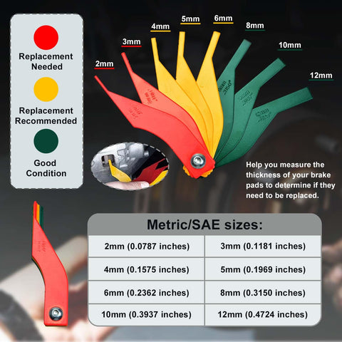 16Piece Drum Brake Tool Kit Pro Grade pad gauge with metric sizes, color-coded for brake pad condition, tool detail view.