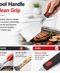Two Piece Stainless Steel Spatula Set With Thick 1.2mm Metal Turners And Silicone Handles showcasing heat-resistant grip on grill.