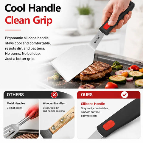 Two Piece Stainless Steel Spatula Set With Thick 1.2mm Metal Turners And Silicone Handles showcasing heat-resistant grip on grill.