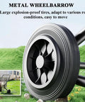 Heavy Duty Metal Hose Reel Cart wheel showcasing large explosion-proof tire for smooth movement over outdoor terrain.