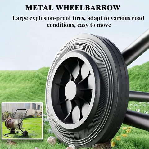 Heavy Duty Metal Hose Reel Cart wheel showcasing large explosion-proof tire for smooth movement over outdoor terrain.