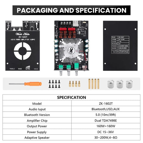 Packaging and specifications of 2.0 Channel Bluetooth 5.0 Power Amplifier Board With Dual TDA7498E Chips, 160W Per Channel