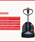 Dimensions of Top Rated 48 Inch By 27 Inch Full Electric Pallet Jack With Lithium Ion Battery 3300 Lb Capacity, showing height, width, and length.