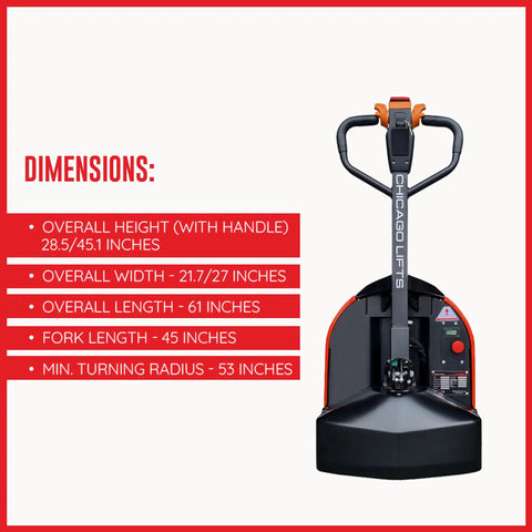 Dimensions of Top Rated 48 Inch By 27 Inch Full Electric Pallet Jack With Lithium Ion Battery 3300 Lb Capacity, showing height, width, and length.