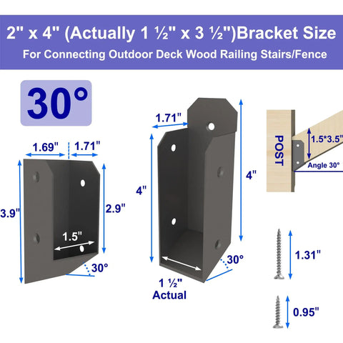 Diagram of 4 Pairs 30 Degree Deck Stair Connectors for Wood Posts 201 Stainless Steel 2x4 Brackets with measurements.